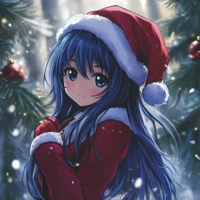 Cute Anime Girl in Winter Christmas Scene