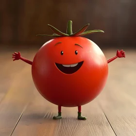 Smiling Tomato Cartoon on Wood