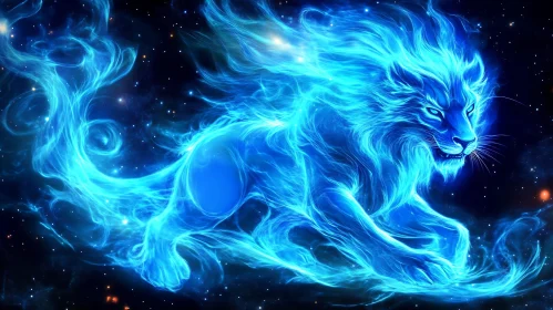 Blue Energy Lion in Starry Space