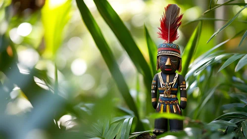 Wooden Tribal Statue in Lush Foliage