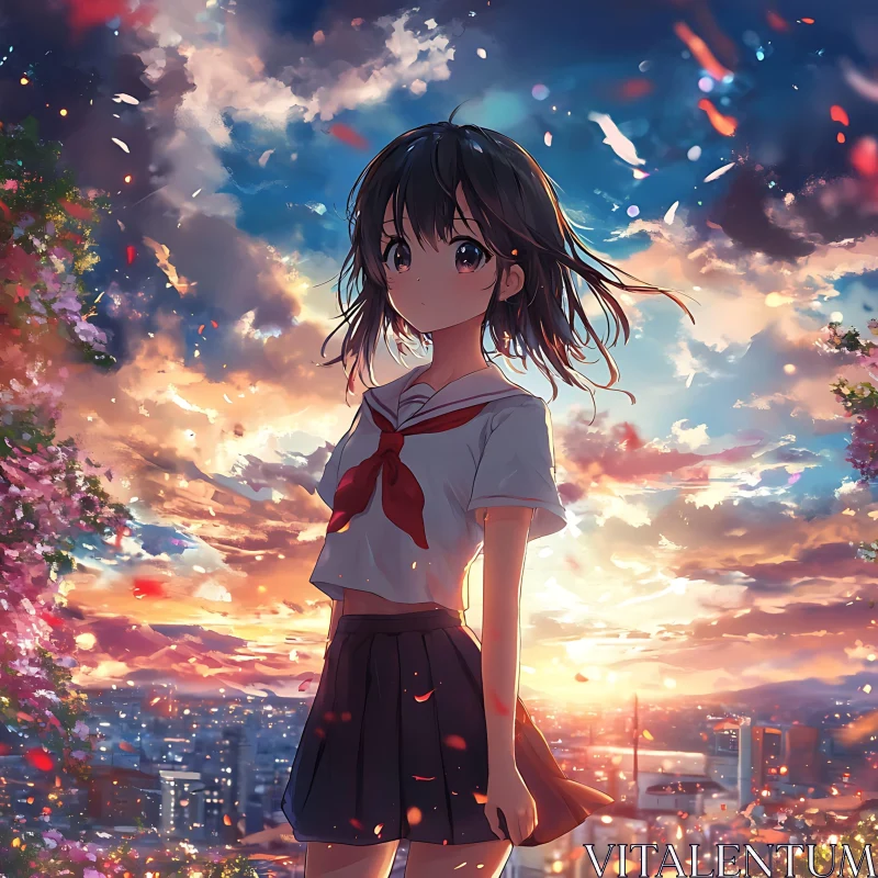 Sunset Anime Scene with School Girl and Urban View AI Image