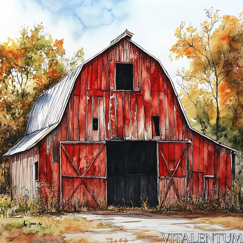 Autumn Barn Watercolor Art AI Image
