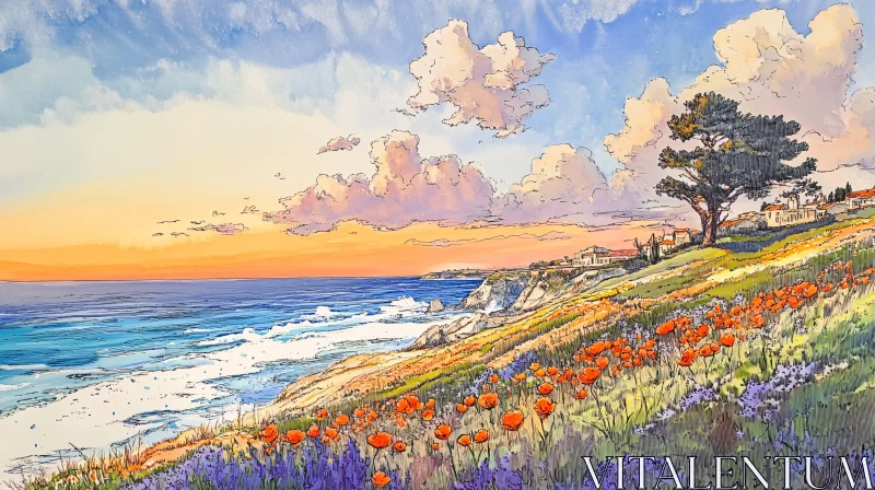 Scenic Ocean View with Poppies at Dusk