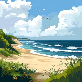 Coastal Beach with Birds and Clouds