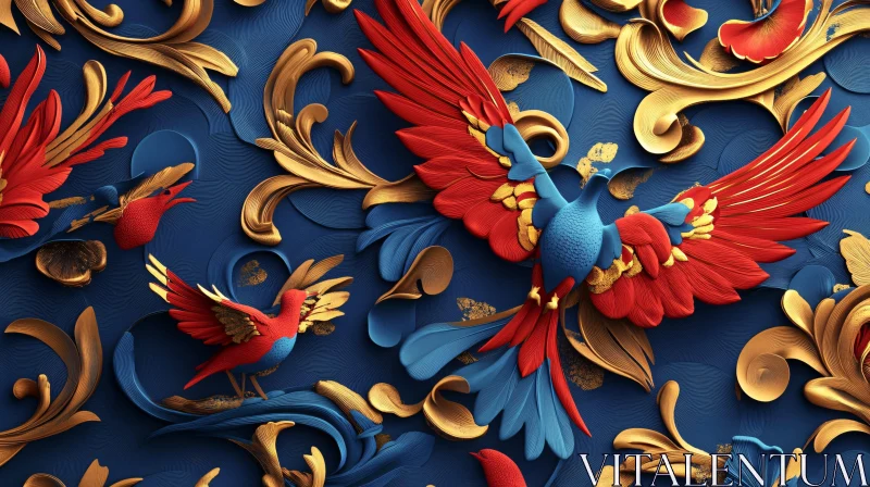 Baroque Birds on Blue Background