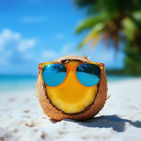 Tropical Coconut with Sunglasses on Beach