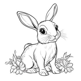 Monochrome Rabbit and Floral Illustration