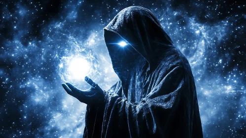 Enigmatic Figure Holding a Glowing Sphere