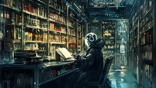 Helmeted Figure Reads in Library