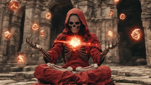 Enigmatic Skeleton Meditating with Orbs