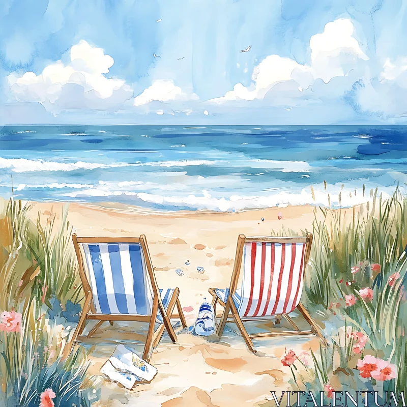 Watercolor Beach with Deck Chairs