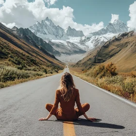 Woman Meditating on Road to Mountains