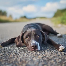 Calm Dog Resting on Road