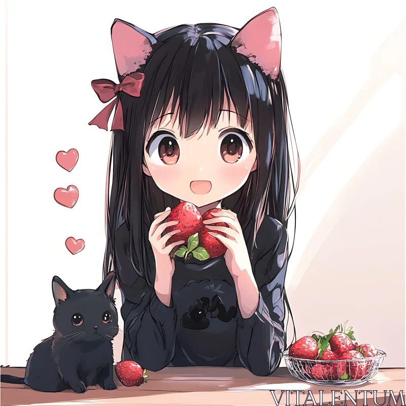 Cute Anime Girl and Cat with Strawberries