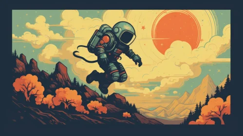 Astronaut Soaring Over Landscape in Neo-Traditional Style