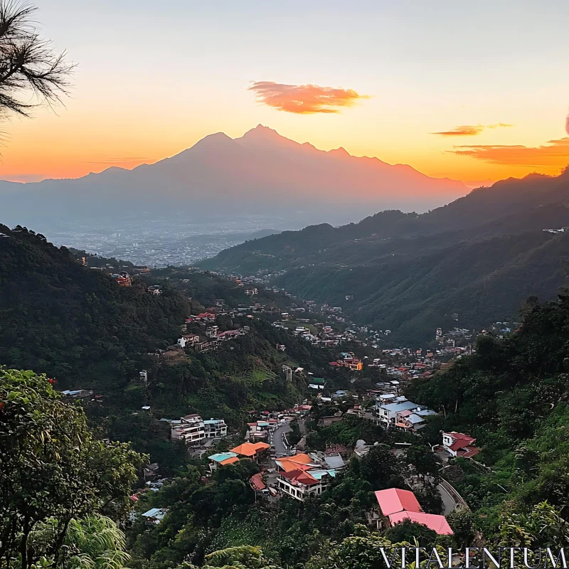 Sunset Over Mountain Valley Town