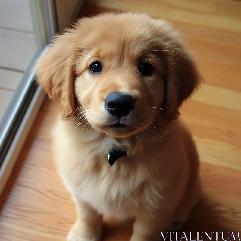 Cute Golden Retriever Puppy on Wooden Floor