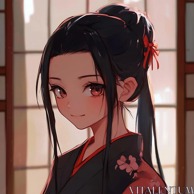 AI ART Graceful Anime Girl in Floral Kimono