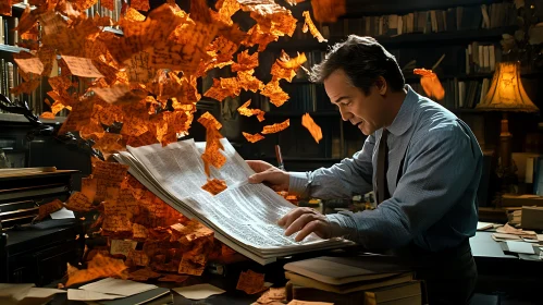 Office Reading Man Surrounded by Papers
