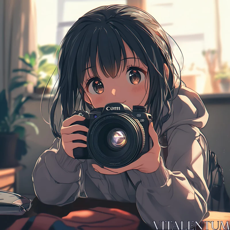 Charming Anime Girl with Camera Indoors