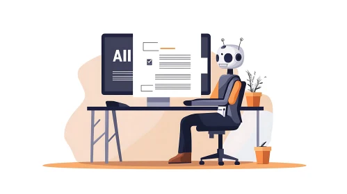 AI Robot Working at Computer