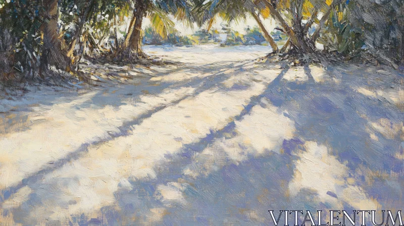 Sunlit Beach with Trees and Shadows