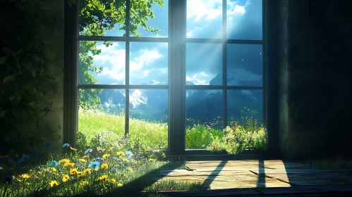 Tranquil Landscape Through a Window Frame