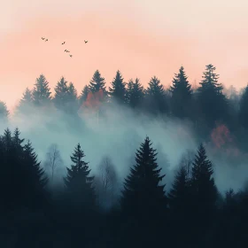 Misty Forest at Dusk with Flying Birds