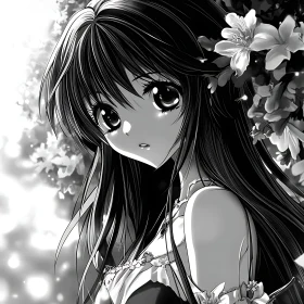 Black and White Anime Girl with Floral Background