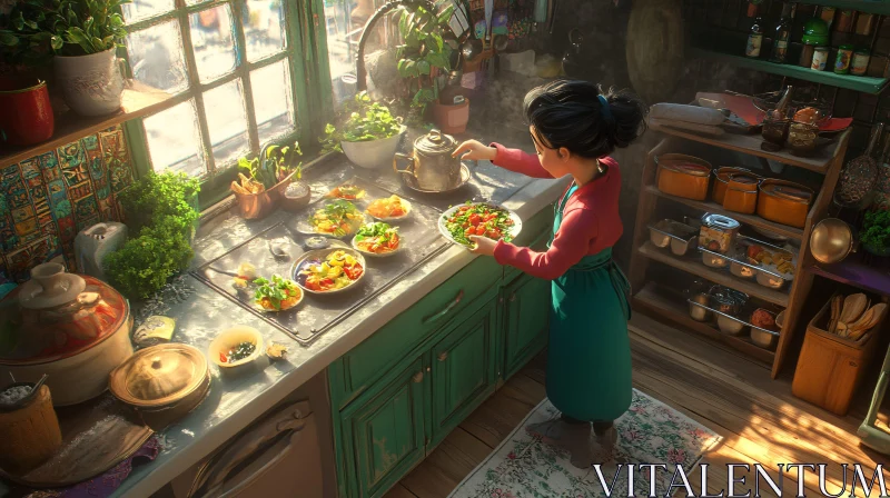 Sunlit Kitchen Scene with Young Chef