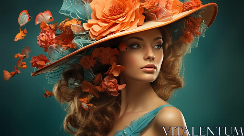 Fashion Portrait: Beautiful Woman in a Large Orange Hat with Flowers AI Image