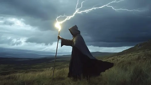 Cloaked Figure with Staff Amidst Lightning