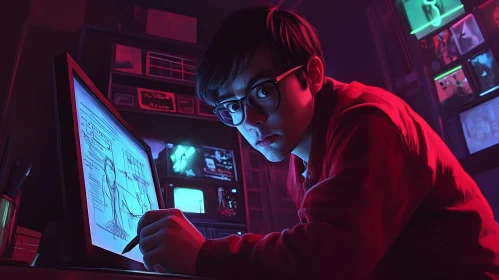 Man Drawing on Computer Screen Neon