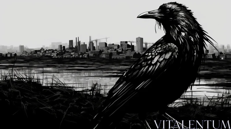 Raven Amidst Noir Cityscape: An Industrial-Style Artwork AI Image