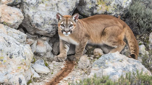 Mountain Lion Stares from Rocky Ledge