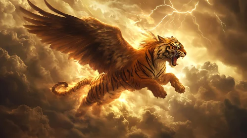 Majestic Tiger with Wings in Cloudy Sky