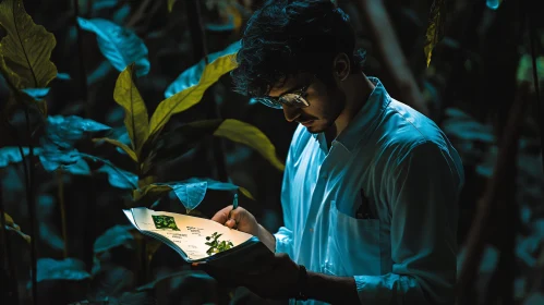 Man Taking Notes in Forest