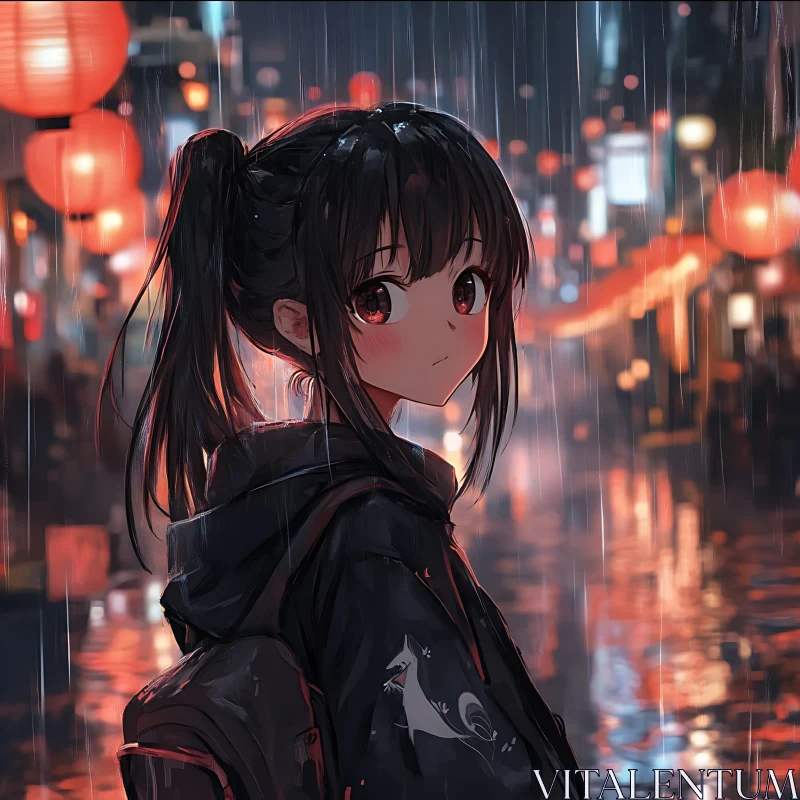 Nighttime Anime Illustration with Girl and Lanterns AI Image