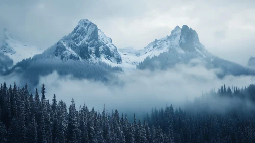 Winter Mountain Landscape with Evergreen Forest