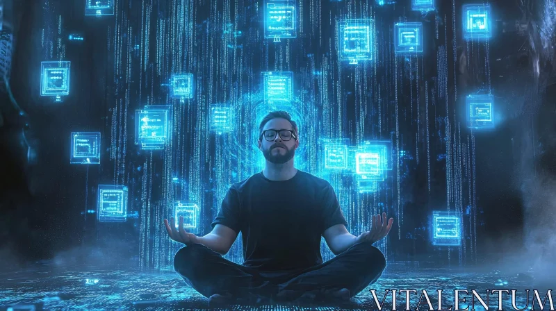 Man Meditating in Virtual Environment AI Image