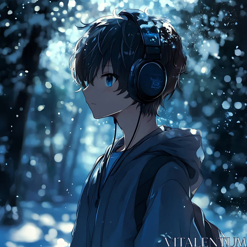 Tranquil Winter Scene of an Anime Boy with Headphones AI Image