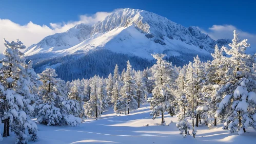 Winter Mountain Scene with Snow Covered Trees