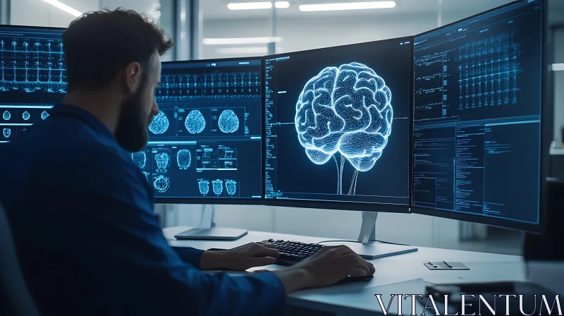 Brain Scan Analysis on Computer Monitors AI Image