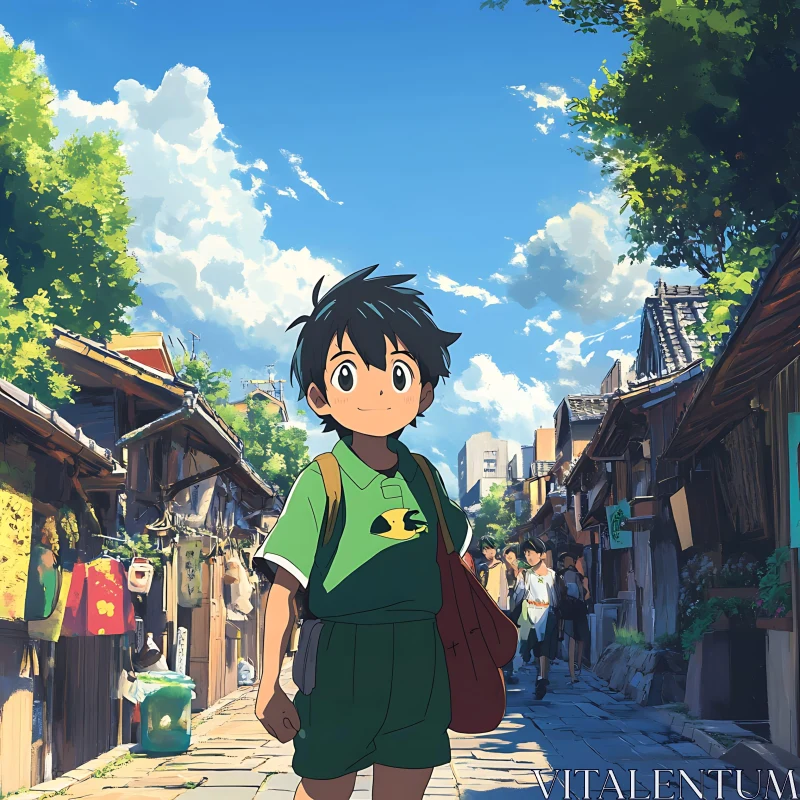 Anime Village with Happy Boy AI Image