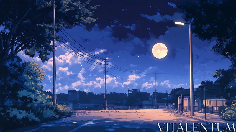 Peaceful Urban Night with Moon and Stars AI Image