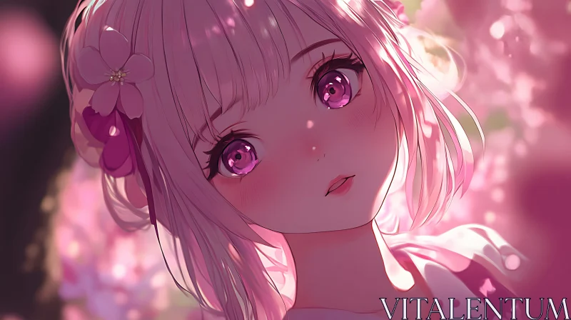 Innocent Anime Portrait with Pink Floral Accents AI Image