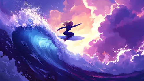 Woman Surfing a Wave Against Colorful Sky