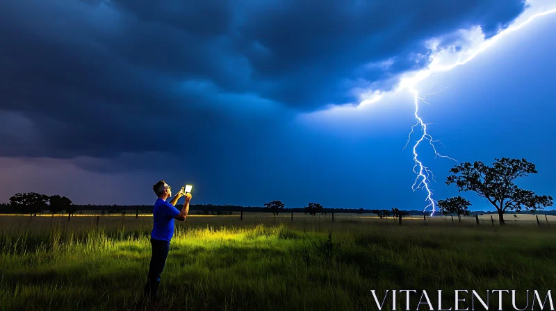 AI ART Man with Phone Under Lightning Storm