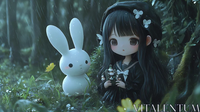 AI ART Rainy Forest Anime Doll with Bunny