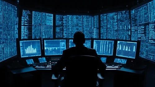 Blue Data Streams on Multiple Monitors